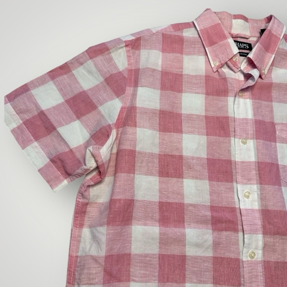 Chaps Pink White Checked Linen Blend Short Sleeve Button Down Mens Shirt Size XL